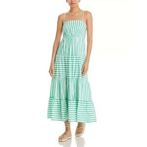 AQUA Cotton Tiered Maxi Dress Medium Green Stripe Square Neck Spring Summer
